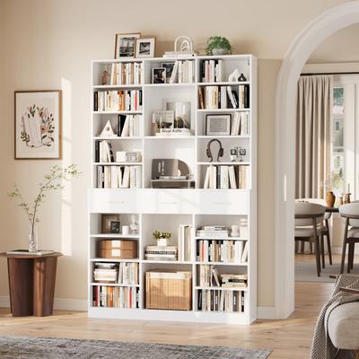 Garvee "75"" Tall Bookcase with Drawers, 47"" Wide Large 9-Tier Farmhouse Wooden Bookshelf Storage Cabinet"