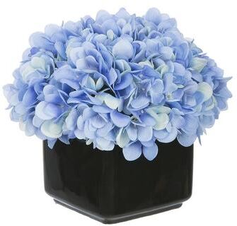 House of Silk Flowers Faux Hydrangea in Small Black Cube Ceramic Vase
