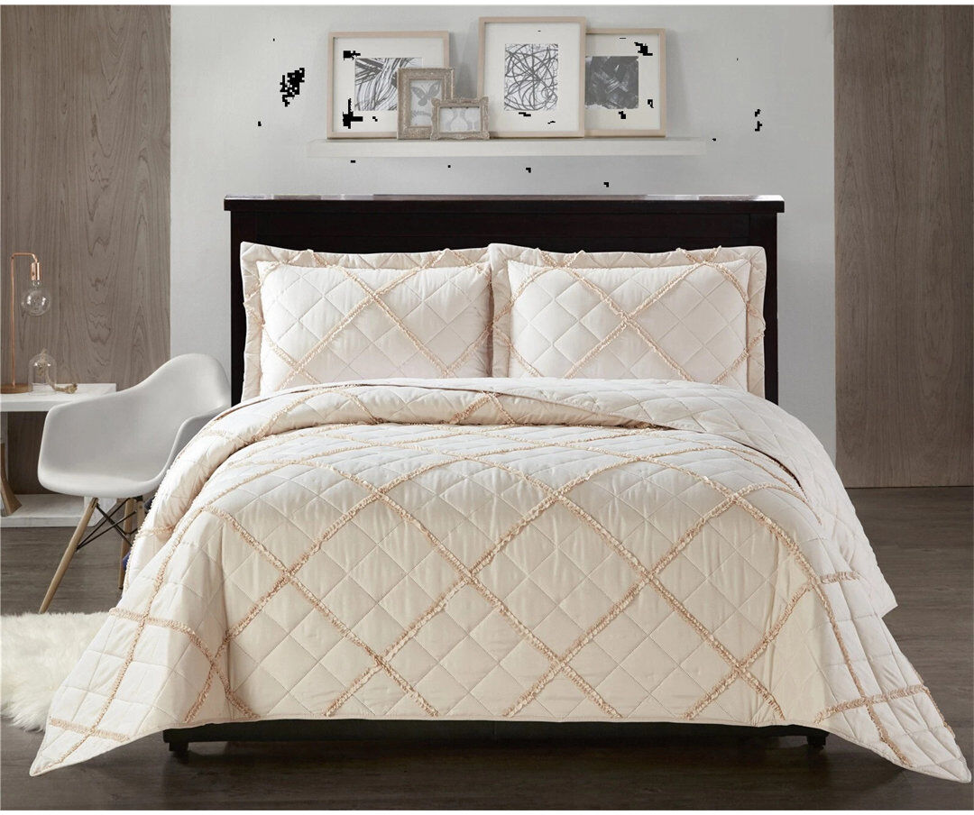 SHAZ HOME Microfiber Floral and Geometric Bedspread with Pillow Shams Beige Single Bedspread + 1 Standard Sham