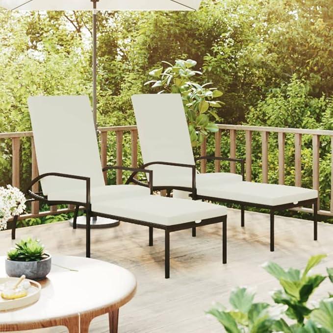 Sonnenliegen 2er Set mit Fußhocker PE Rattan braun, verstellbare Rückenlehne und Polster, Gartenliege für Balkon Terrasse Pool, Relax Liegestuhl