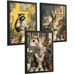 POSTER 3er-Set Tierdrucke im Badezimmer, lustige Waschbär Kaninchen-Dekorationsbilder im modernen Vintage-Stil für und Toilette Schwarzer Rahmen A4