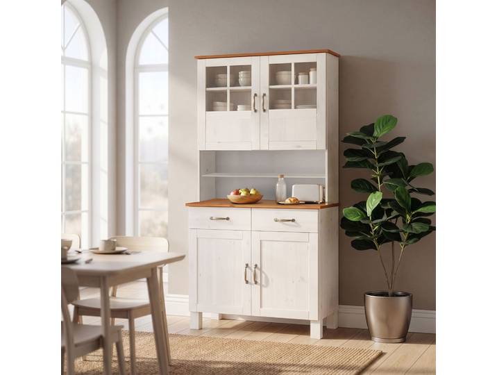 Küchenbuffet HOME AFFAIRE Alby , weiss (weiß, honigfb), B:85cm H:185cm T:38cm, Massivholz, Schränke, Küchenbuffet, Breite 85 cm, 2 Glastüren