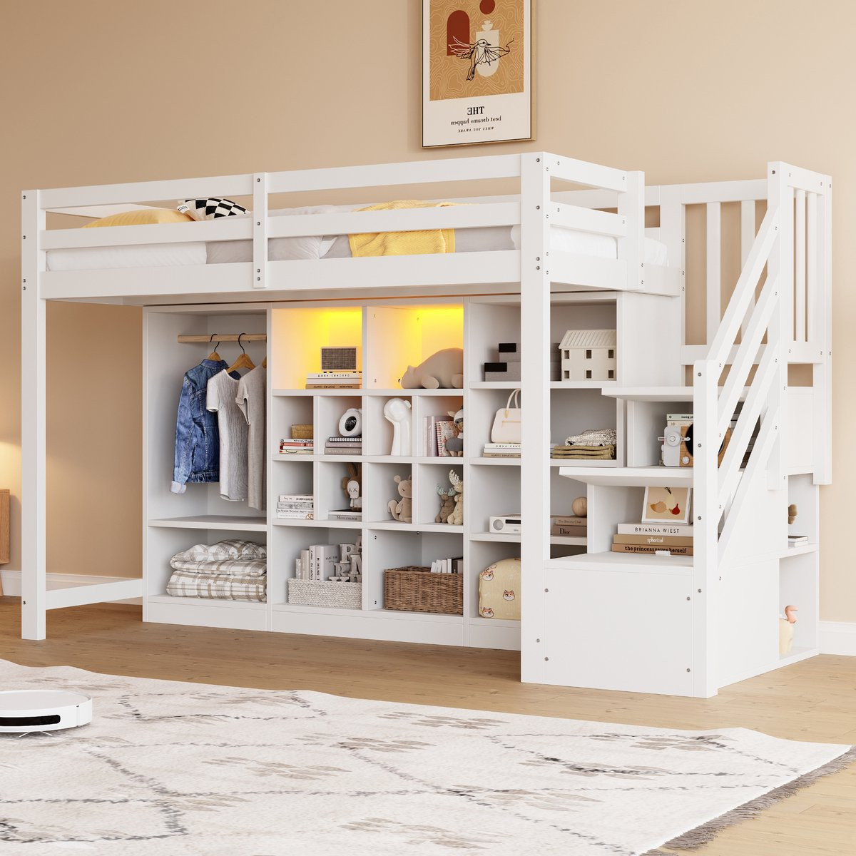 Clruro Hoogslaper voor kinderen met LED-verlichting en opbergruimte, Wit