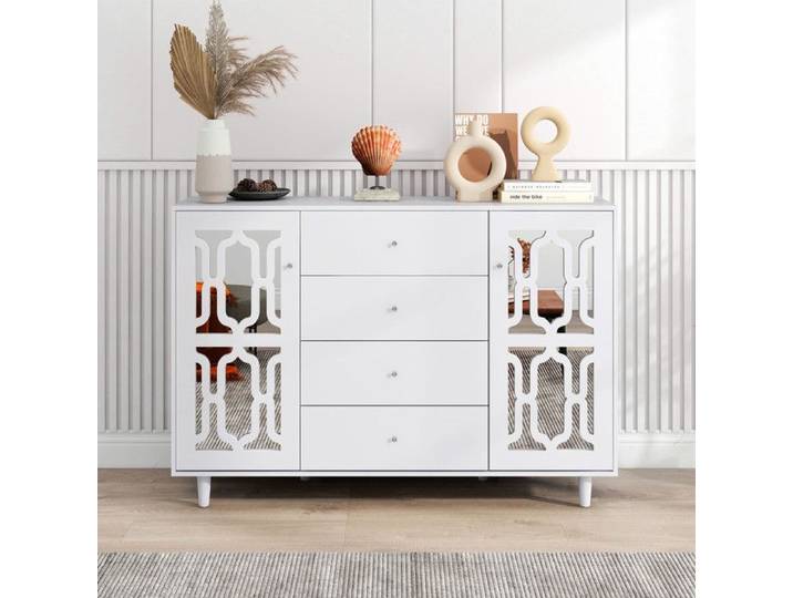 Buffet Blanc 147.5x40x102 cm Miroir avec Poignées en Cristal Buffet de Cuisine Pour Salon et Salle a Manger Buffet Haut