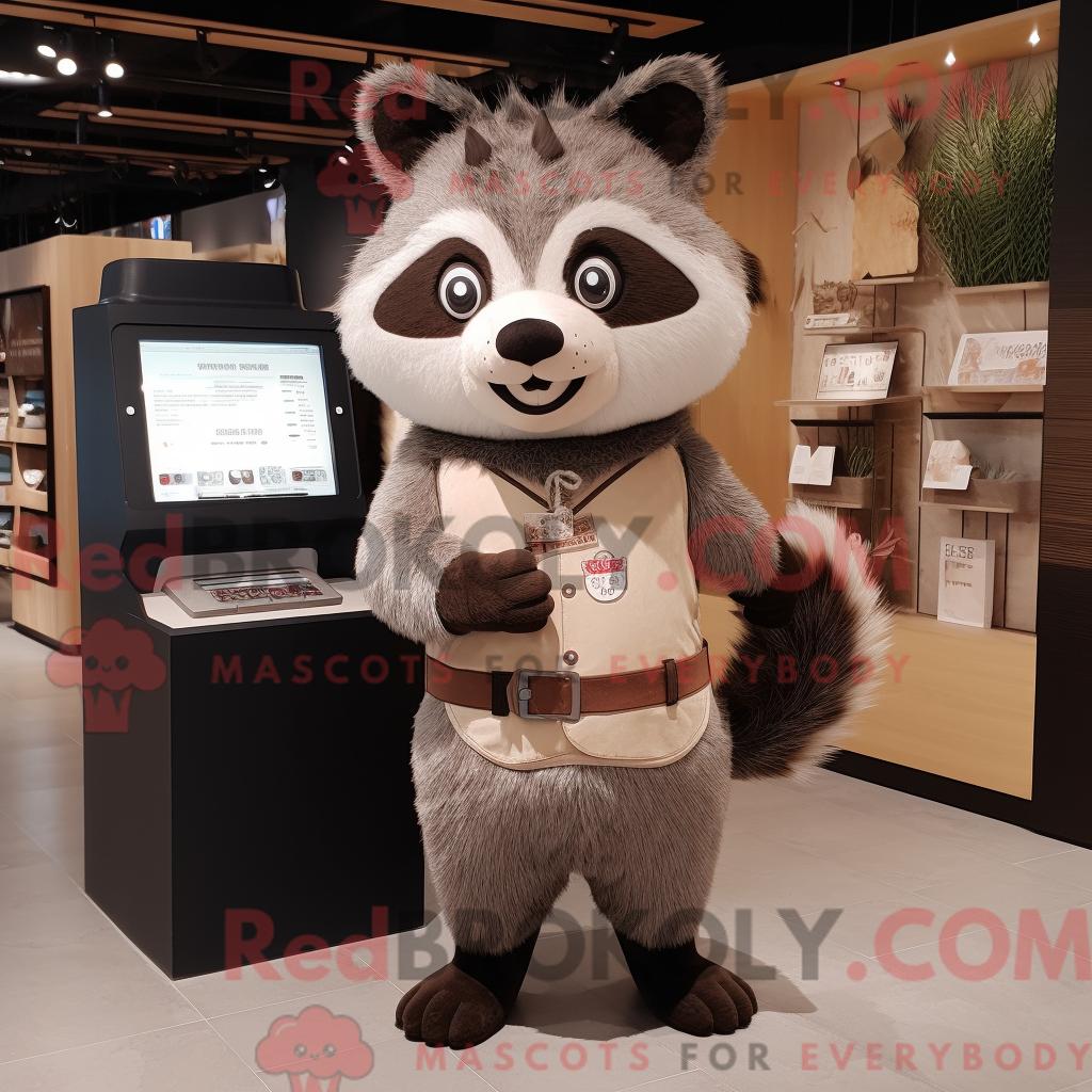 Maskottchen-Charakter REDBROKOLY eines beigen Waschbären mit Strickjacke und Clutch