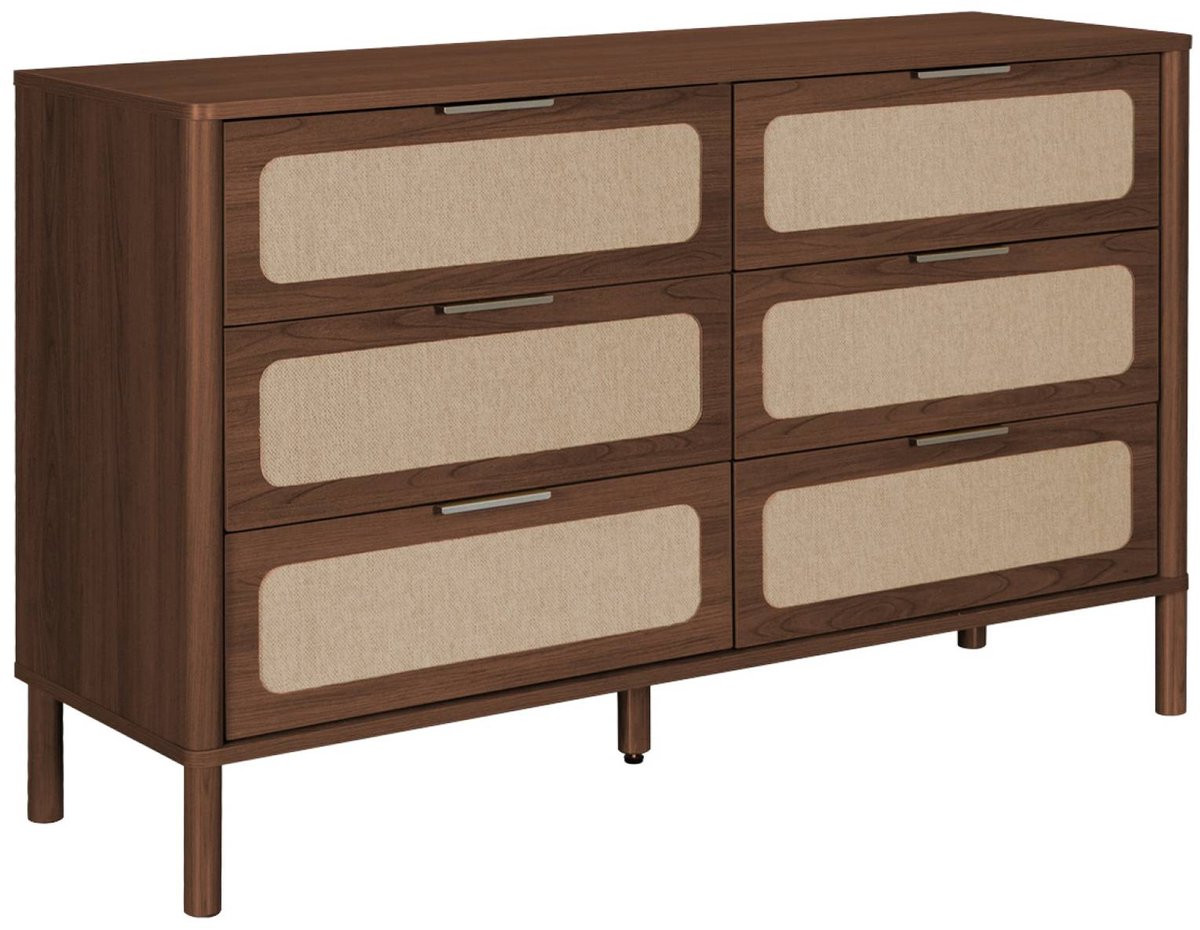 Sweek Etta Vintage dressoir met 6 lades, houtdecor en rietwerk, B: 120 cm, H: 75,5 cm, D: 39,5 cm