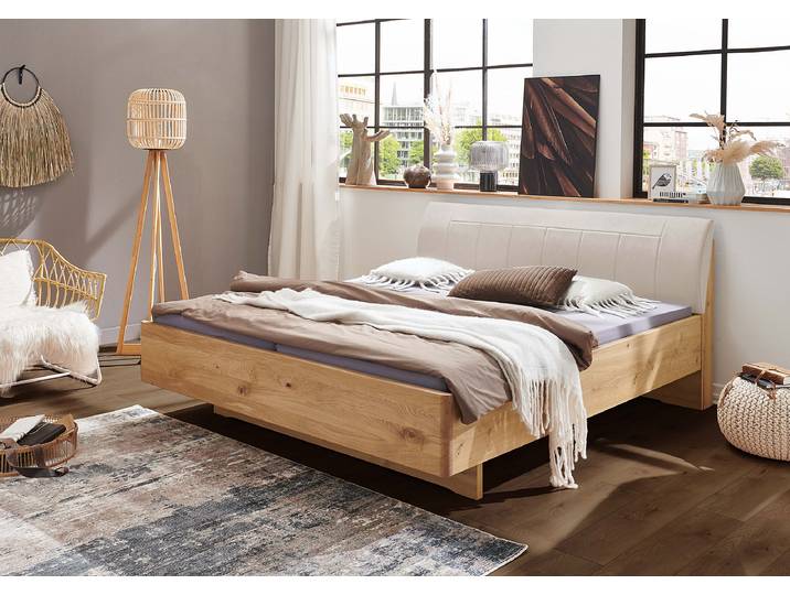 Bettgestell mit Polsterkopfteil 180 x 210cm Kopfteil: Kunstleder Bettseiten: Spanplatte, foliert Fußteil: Massivholz Eiche, lackiert