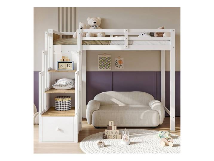 REDOM Kinderbett Funktionsbett mit Arbeitsplatz und offenem Regal (Packung, ohne Matratze, für Lernen, Schlafen und Ordnung), Weiß+Natur, Treppe, Schubladen, 90x200 cm