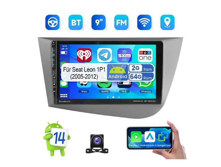 ESSGOO Für Seat Leon 1P1 2005-2012 Android 15 Autoradio Carplay GPS NMit USB Navigationsgerät (Carplay Android Auto Bluetooth EQ USB GPS Navi WIFI Touchscreen)