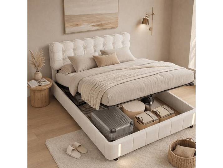 Lit coffre 160x200cm avec rangement -Lit double adulte avec LED -Capteur de mouvement -Tête de lit capitonne nuage -Velours beige