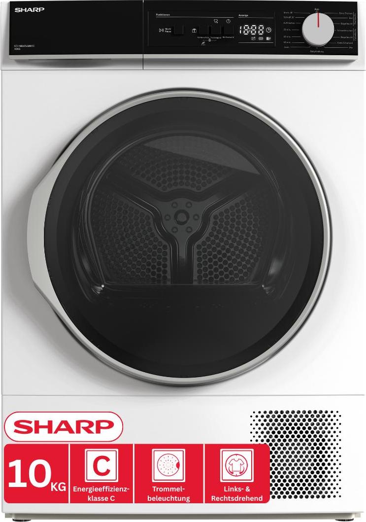 SHARP KD-NHA0S6GW1C-DE Wärmepumpentrockner (10 kg, EEK C), (15 Trockenprogramme, 20 Min. Kurzprogramm, Edelstahltrommel mit LED-Beleuchtung), Weiß