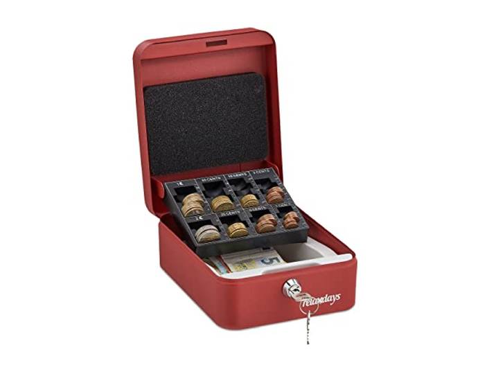 Relaxdays Caisse à Monnaie\, monnayeur\, verrouillable\, Acier\, transportable\, pièces et Billets\, HLP 8\,5x16x20 cm\, Rouge