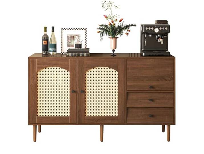BTM Sideboard mit Rattan Einsatz, 3 Türen und 2 unregelmäßigen Schubladen, Sideboard TV-Schrank für Flur Schlafzimmer Wohnzimmer Esszimmer,Braun,130Lx75Bx40H cm