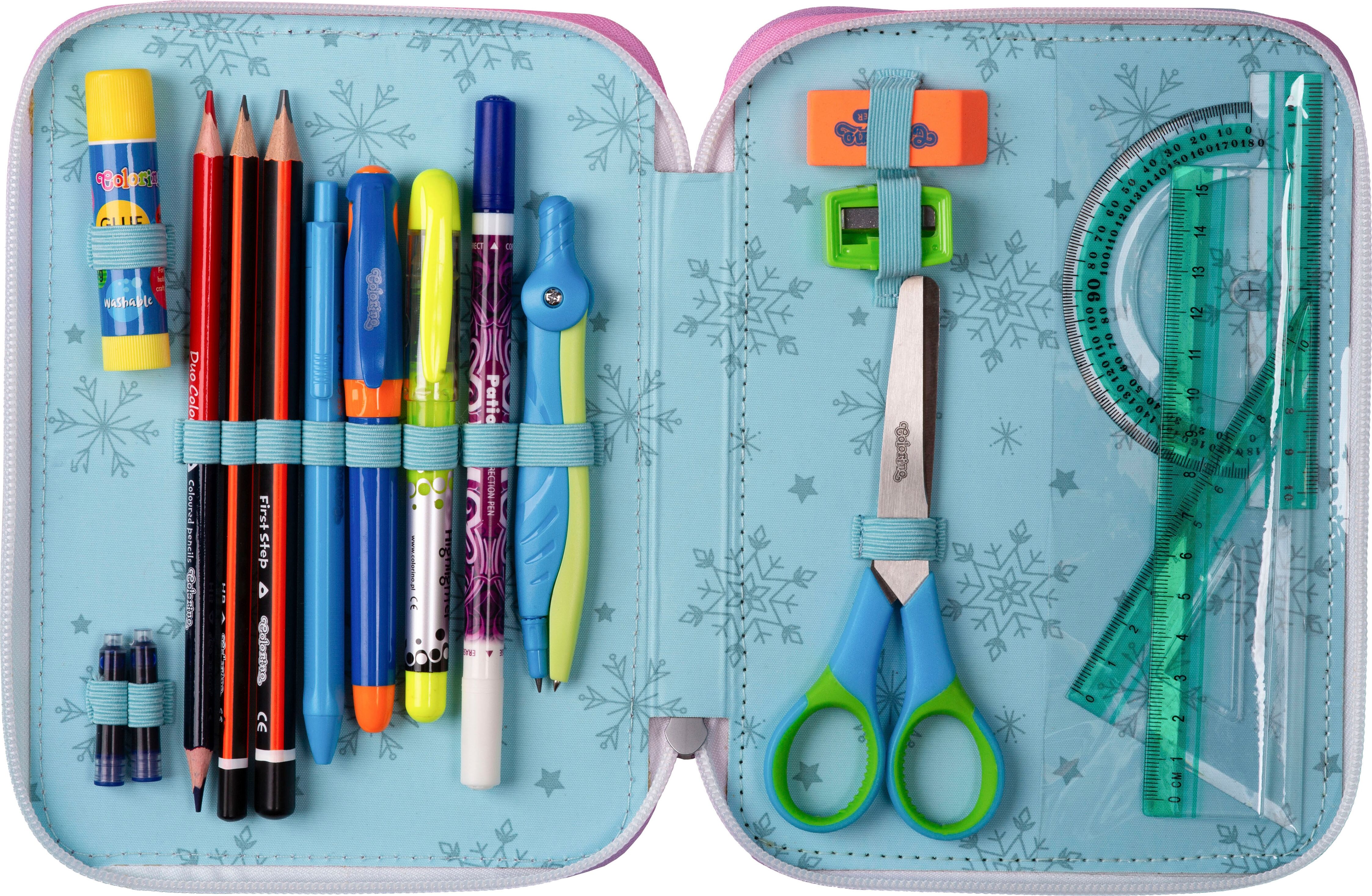 Federmäppchen COOLPACK "Etui XL, Disney, Frozen, mit 2 Reißverschlüssen", Kinder, bunt (frozen), Polyester, Schreibgeräteetuis Federmäppchen, befüllt