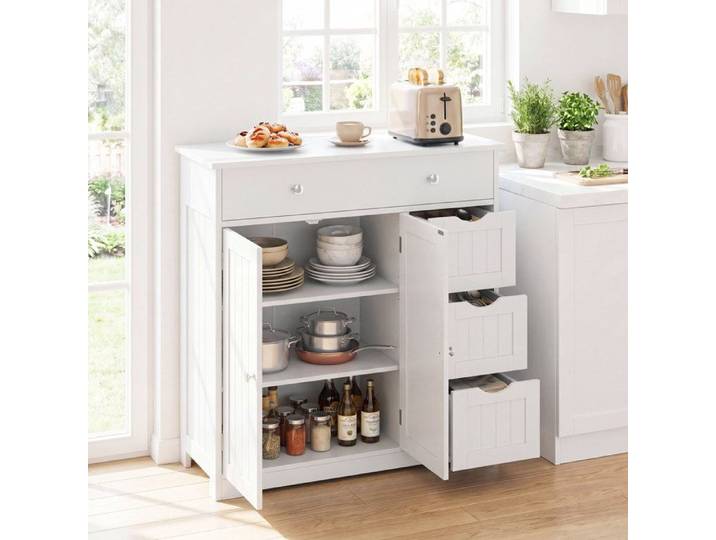 Meuble de salle de bain blanc avec 4 tiroirs 2 portes et étagère réglable pour buanderie cuisine et salon