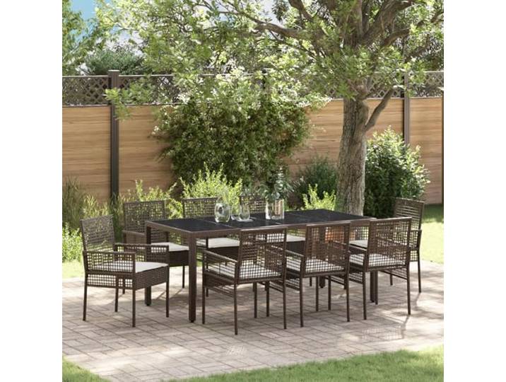HEFZGDB 9-teiliges Garten-Esszimmer-Set aus Braunem Poly Rattan mit Glasplatte und Stahlrahmen für Terrasse Balkon Outdoor