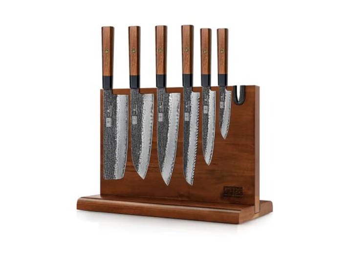 HOSHANHO 7-Teiliges Messerset Kochmesserset mit Magnetischem Messerblock Ultrascharfes Japanisches Handgeschmiedetes 9-Lagiges Küchenmesserset aus 10CR15MOV-Hochkohlenstoffstahl mit Rosenholzgriff