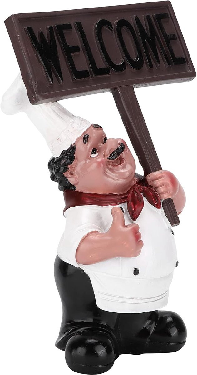 Chef Beeldje met Welkomstbord voor Keuken Decoratie - Wit - Hoogte: 20.5 cm