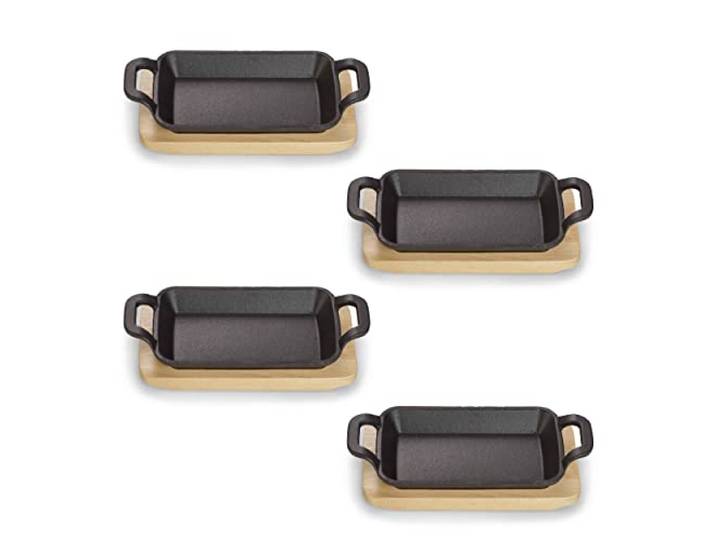 ECHTWERK Servierschalen Set aus Gusseisen, Servierschälchen, Mini Auflaufform mit Servierbrett, Bereits eingebrannt, Für Backöfen, Grill, und BBQ geeignet, Ideal zum Garen und Servieren, Ø 10 cm, 4tlg