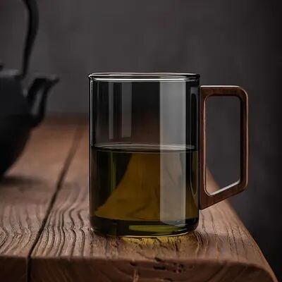Combo Retail Shop Glass Cups, Walnut Handle, Heat resistant Mug, Large Capacity, Tea Making Cup, Office Drinking Glasses gray