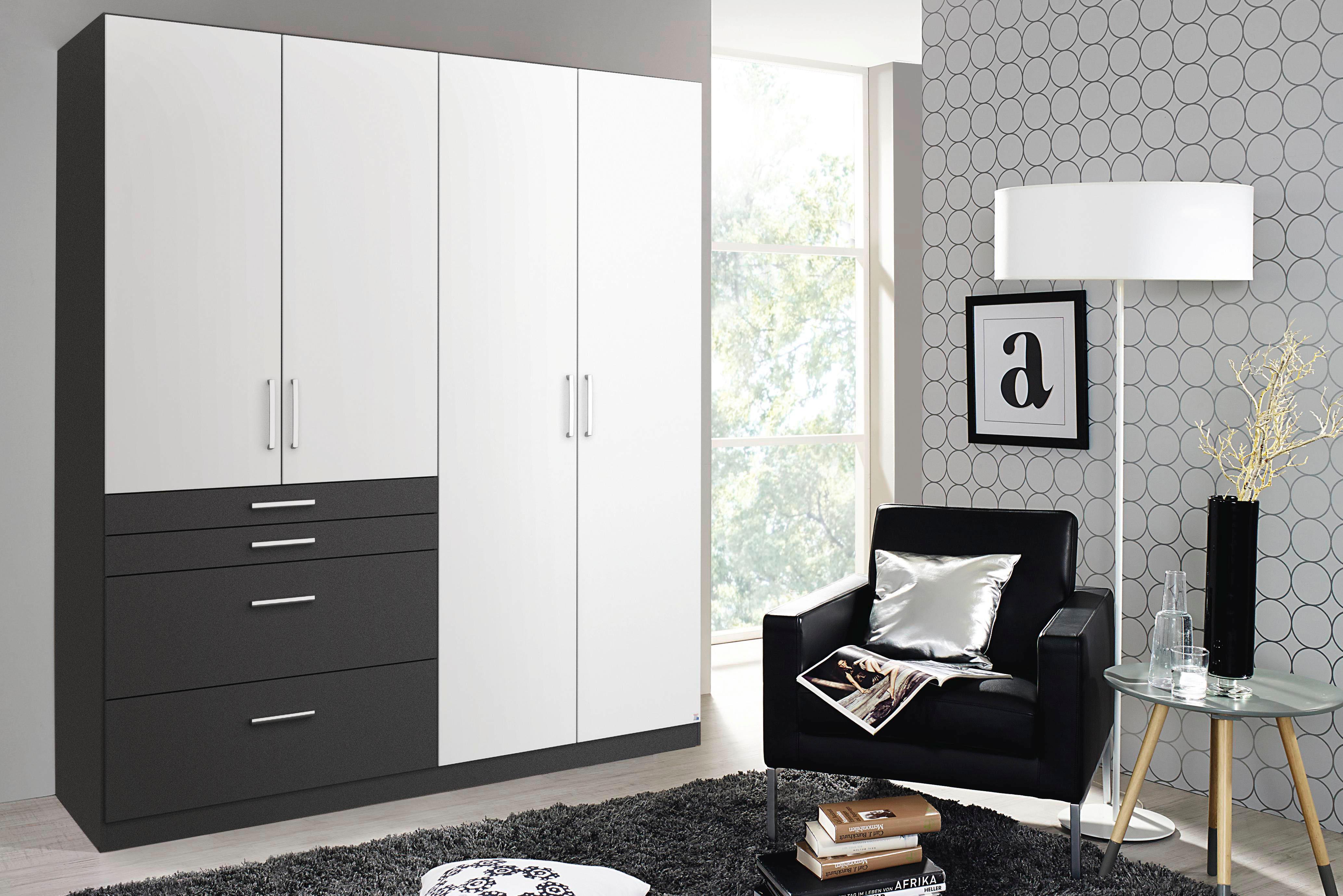 Kleiderschrank RAUCH "Harburg Drehtürenschrank Schlafzimmerschrank mit viel Stauraum", weiß (graumetallic, weiß), B:181cm H:197cm T:54cm, Holzwerkstoff, Schränke, Kleiderschrank, oberste Schublade mit praktischer Facheinteilung MADE IN GERMANY