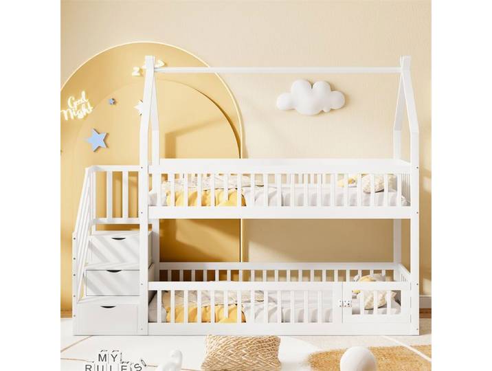 DRIPEX Lit superposé 90x200cm avec escalier de rangement Lit maison avec Barrières de sécurité et porte pour enfants Blanc