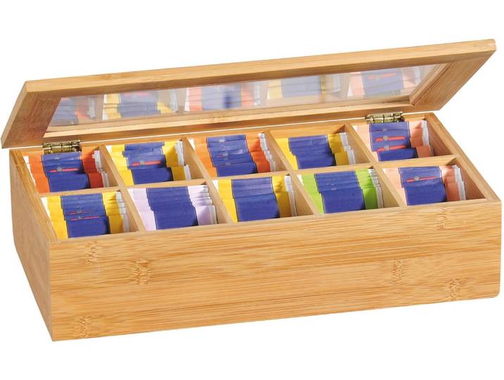 Teebox KESPER, beige (natur), B:20cm H:9cm L:36cm, Bambus, Lebensmittelaufbewahrungsbehälter, Teebox, mit 10 Fächern