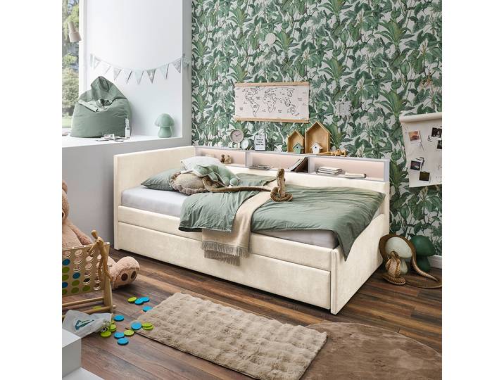 Beleuchtetes Polsterbett Uno - Schublade 120 x 200cm Beige/Weiß