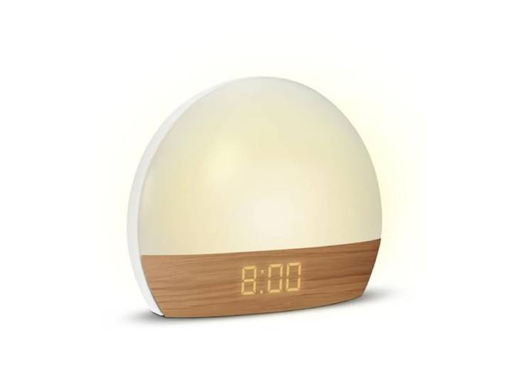 mooov 477356 Réveil simulateur d'aube Lumiere Progressive sur Secteur - Luminothérapie Eclairage Blanc ou Couleur - Charge Port USB-A - Effet Naturel Bois