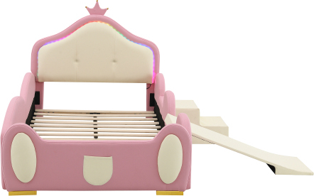Polsterbett 90x200cm Ohne Matratze Rosa BeigeOhne Matratze PolyurethanRutsche Multi-Mode-LED-Streifen Schutzkanten Holzlatten Maedchenbett Funktionsbett