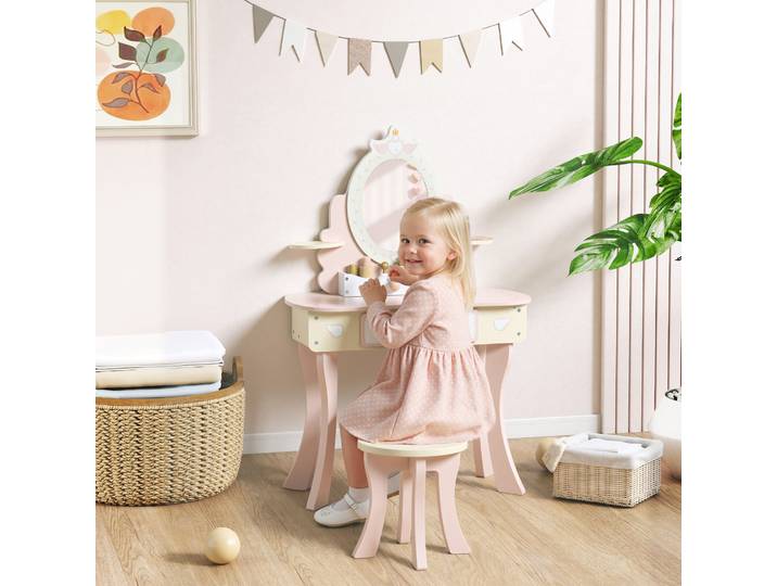 AIYAPLAY Coiffeuse Enfant Rose 2-en-1 avec Miroir et Tabouret