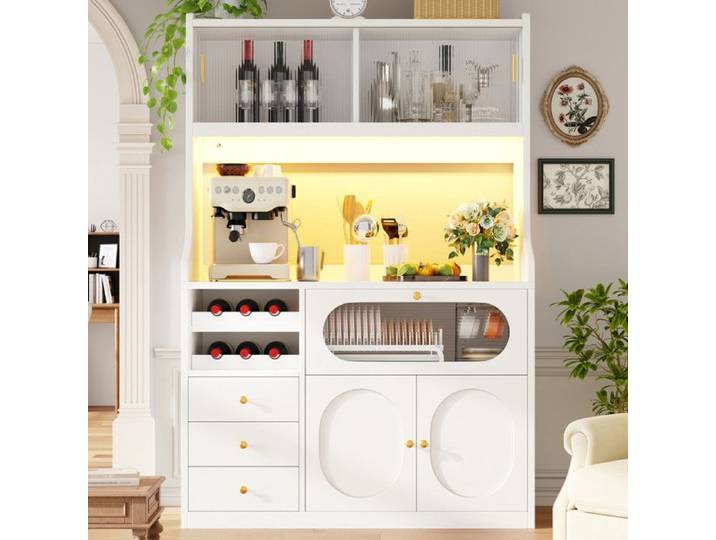 NuvlaGu - Buffet de cuisine haut 180 cm avec éclairage LED Rangement portes coulissantes 3 tiroirs et plan de travail - Blanc