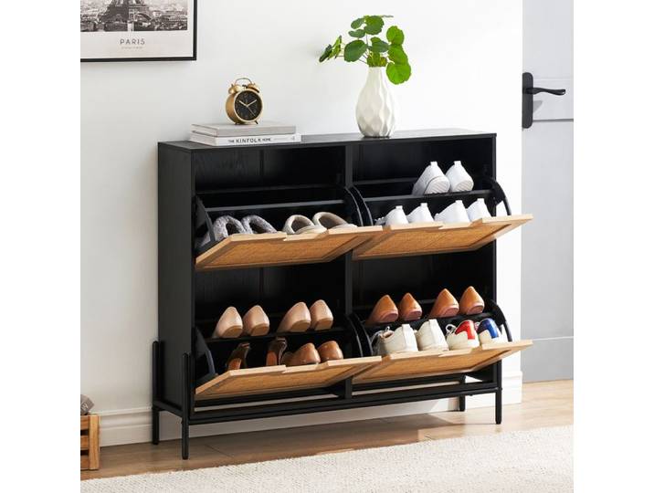Meuble à chaussures - SALUTMEUBLE - Étroit - 4 rabats - 2 étagères réglables - Noir