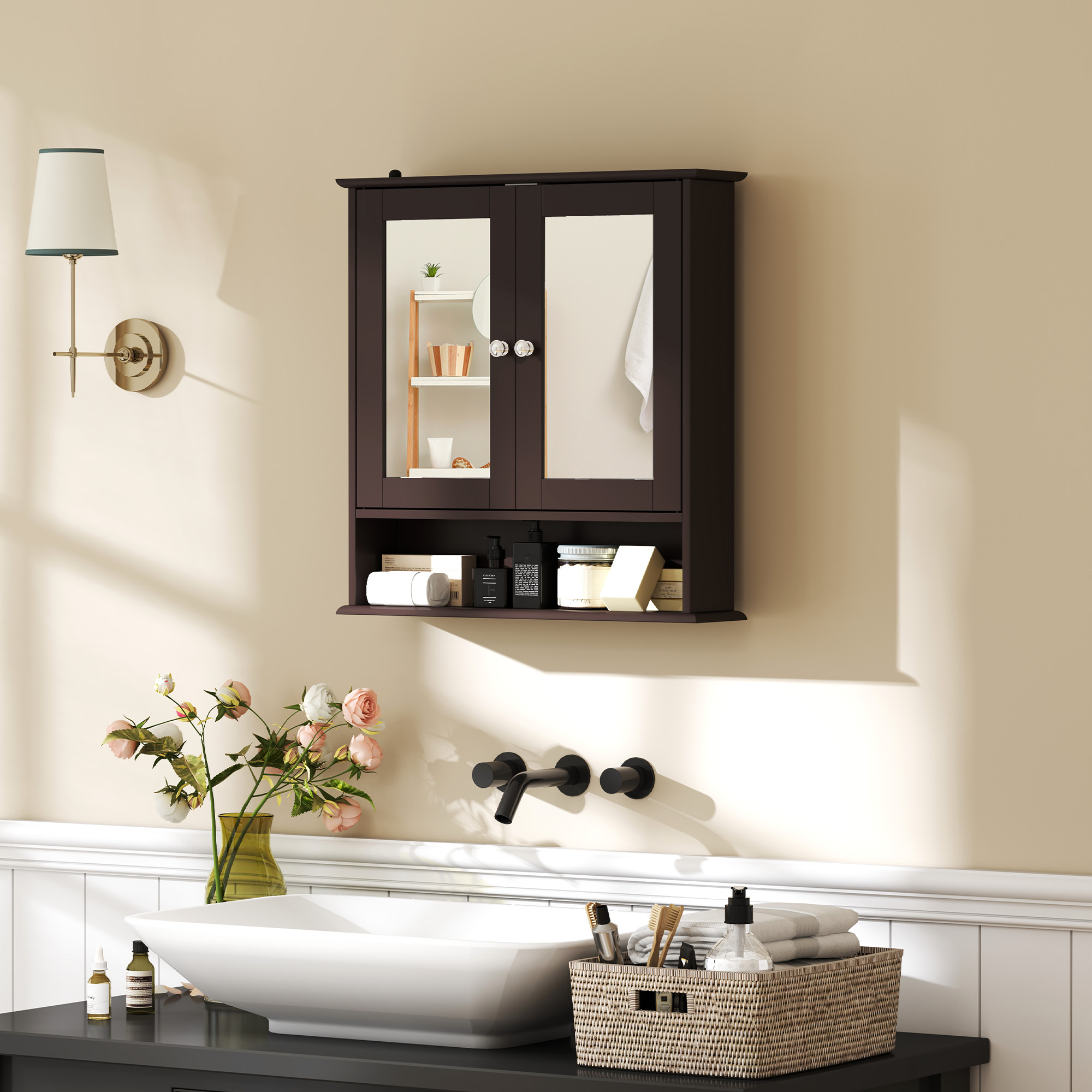Kleankin Armadio da Bagno con Specchio, Armadio da Parete con 2 Ante, Ripiano Aperto e Ripiano Regolabile, 56x13x58 cm, Marrone Scuro   Aosom Italy