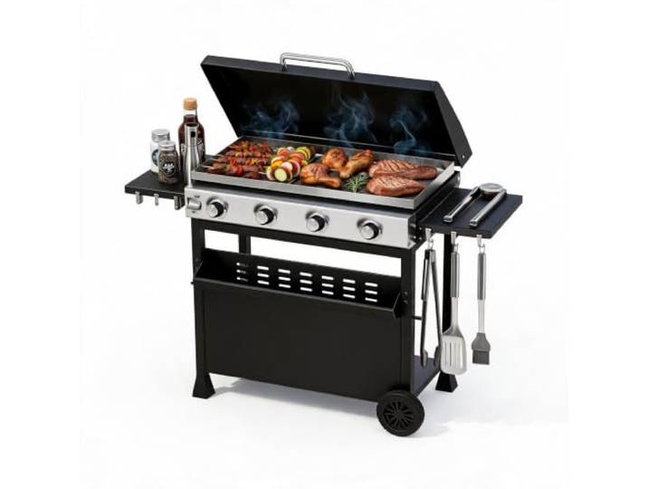 GarveeMore Gas Plancha 4 Brenner, Propan, Grillplatte 3086 cm², mit Haube 32.000 BTU Leistung, Snap-Jet Zündung, mobile Nutzung, Seitenablagen, Grillwagen, Tischgrill-Funktion, für Garten & Terrasse