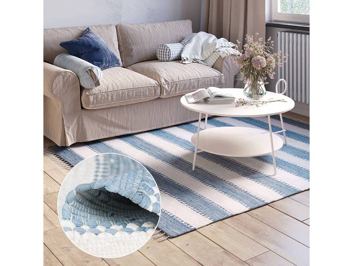 Kurzflorteppich Maher Blau/Hellblau 170 x 120cm Baumwollstoff