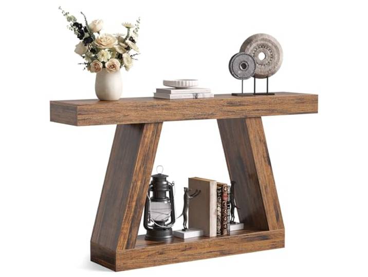 LITTLE TREE 55-Zoll-Sofatisch mit Stauraum, Konsolentisch im Landhausstil für zu Hause, rechteckiges Holzmöbelstück für den Eingangsbereich, Wohnzimmer, Schlafzimmer, Büro, Flur, braun