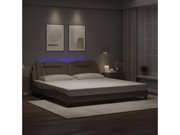 Viana Bettgestell mit LED und Kopfteil Cappuccino 200 x 200 cm Kunstleder, Sperrholzlatten, Kopfteil mit Schaumstoff gepolstert, bunte LED-Leuchten, Klettverschlüsse, Wellendesign,