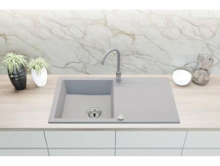 Faizee Home Granit Einbauspüle 90x50 cm – Spülbecken mit Abtropffläche Küchenspüle inkl. Armatur & Siphon-Set Kratzfest & hitzebeständig für 45 cm Unterschränke (Genial, Grau)