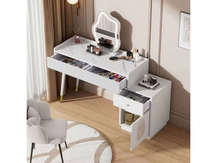 Coiffeuse avec miroir LED meuble de maquillage blanc avec 3 tiroirs et 1 porte table beauté pour chambre 100x40x75 cm