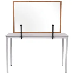 Bi-Office Trennwand, Spritzschutz Glastafel mit Metallklammern zum Befestigen am Tisch, mit 2,2 cm breitem Holzrahmen, 120 x 90 cm