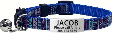 Inspire Curations BohoCharm Personalized Breakaway Cat Collar With Bell & Custom ID Tag blue