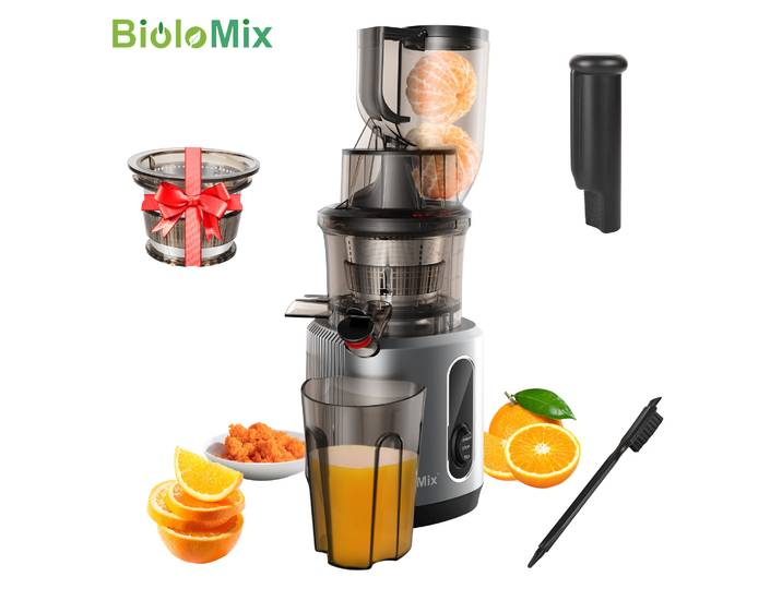 BioloMix Presse-agrumes à pression froide avec goulotte d'alimentation de 75 mm, extracteur de jus à mastication lente à moteur puissant de 200 W 40-65 tr/min pour les fruits entiers
