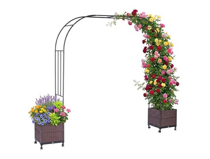 Relaxdays Arche de Roses en métal et polyrattan\, Noir/Marron 2 bacs à fleurs\, H x L x P : 210 x 282 x 40 cm