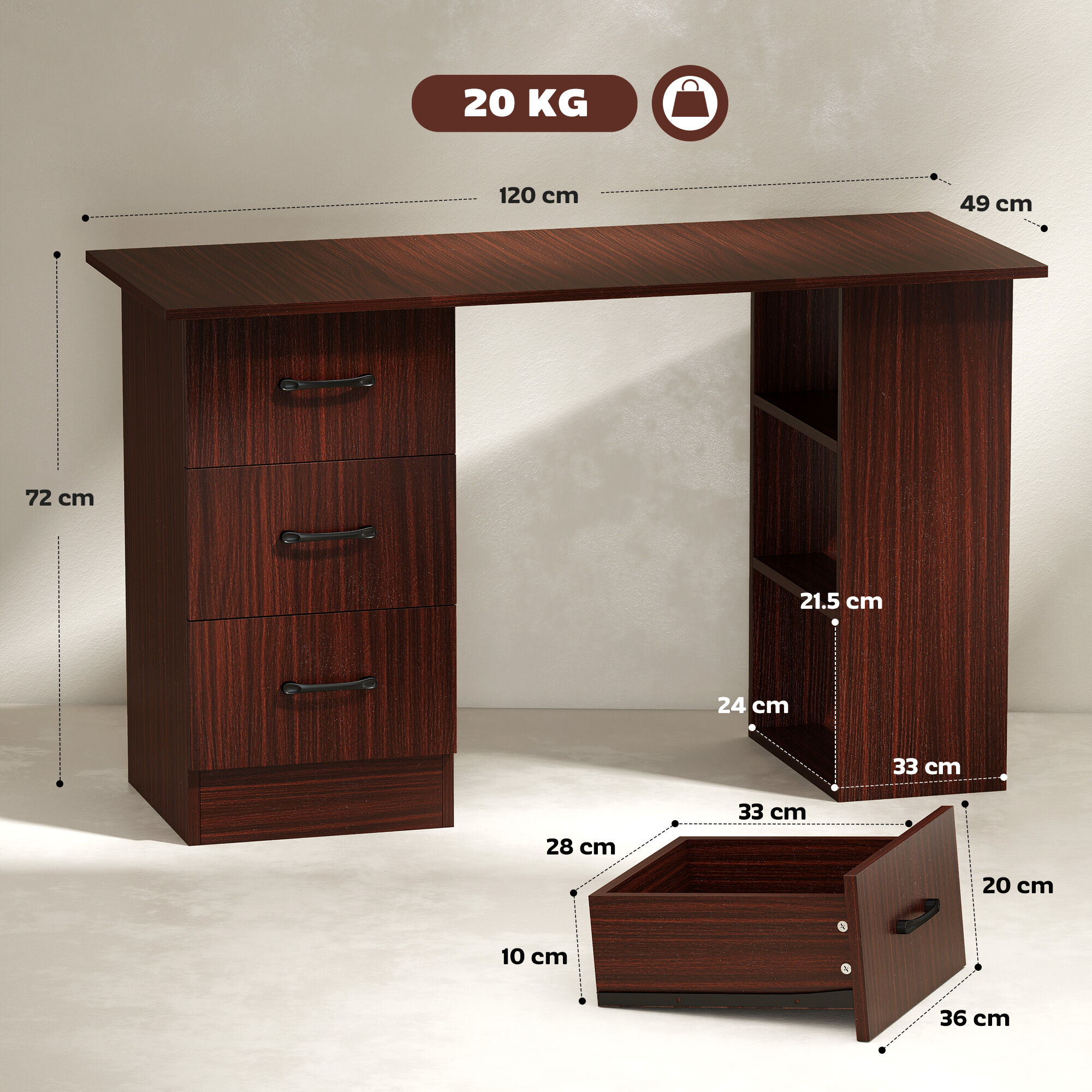 Altro Scrivania Per Ufficio Con 3 Cassetti E 3 Ripiani Aperti In Legno, 120x49x72cm, Noce