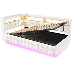 OKWISH Schlafsofa Polsterbett aus Samtstoff Beige 90x200 cm, mit hydraulischem Stauraum, LED-Beleuchtung, Holzregalen und Ladeanschlüssen