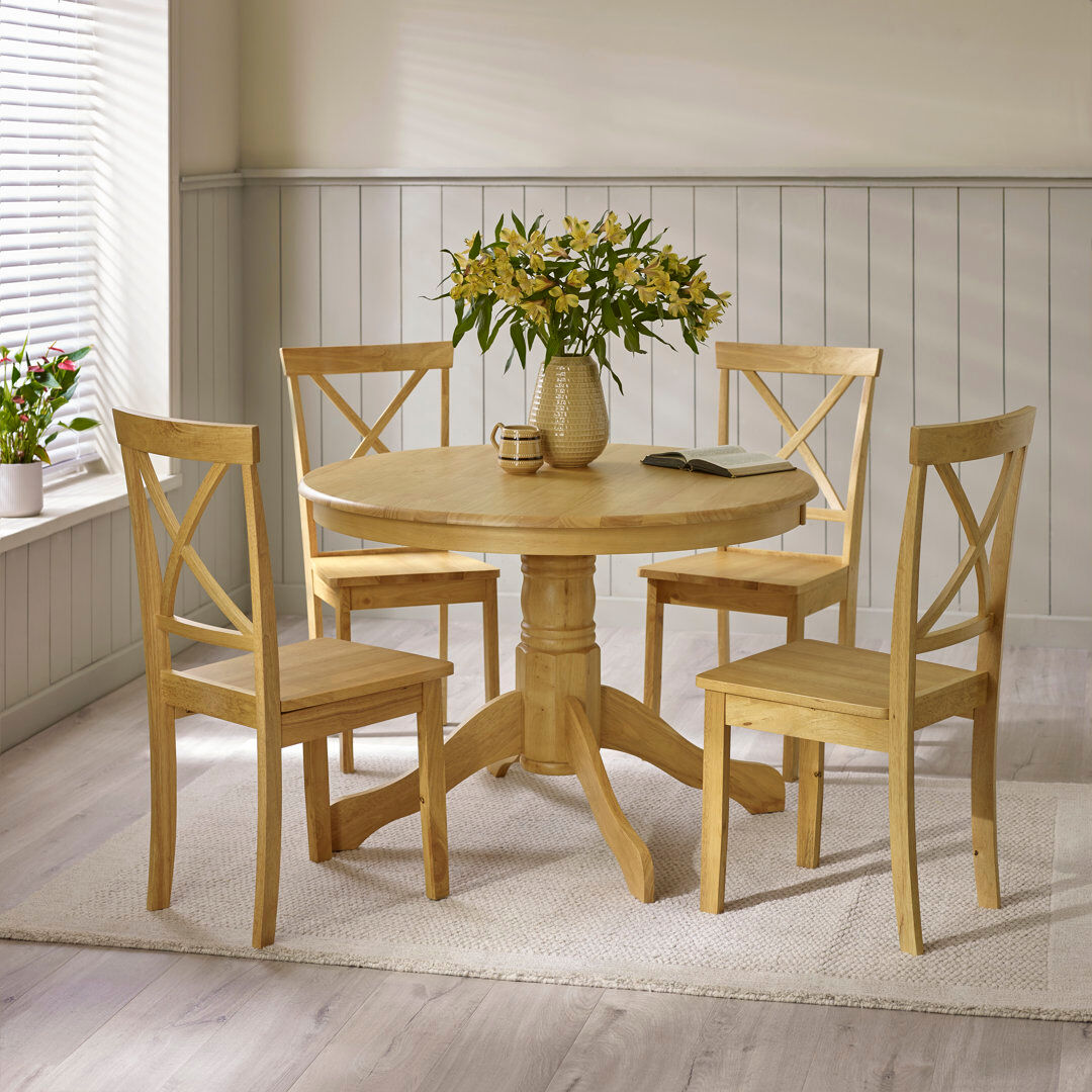 August Grove Tamala Round Dining Table & 4 Shannondale Chairs - Traditional Rustic Farmhouse Kitchen Oak 4