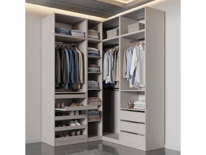 Kleiderschrank Set – Eckkleiderschrank mit Schubladen, Kleiderstangen und Regalfächern – begehbarer Eckschrank – 275x246x51cm - Marmex Möbel TRES Set 30NC Cashmere