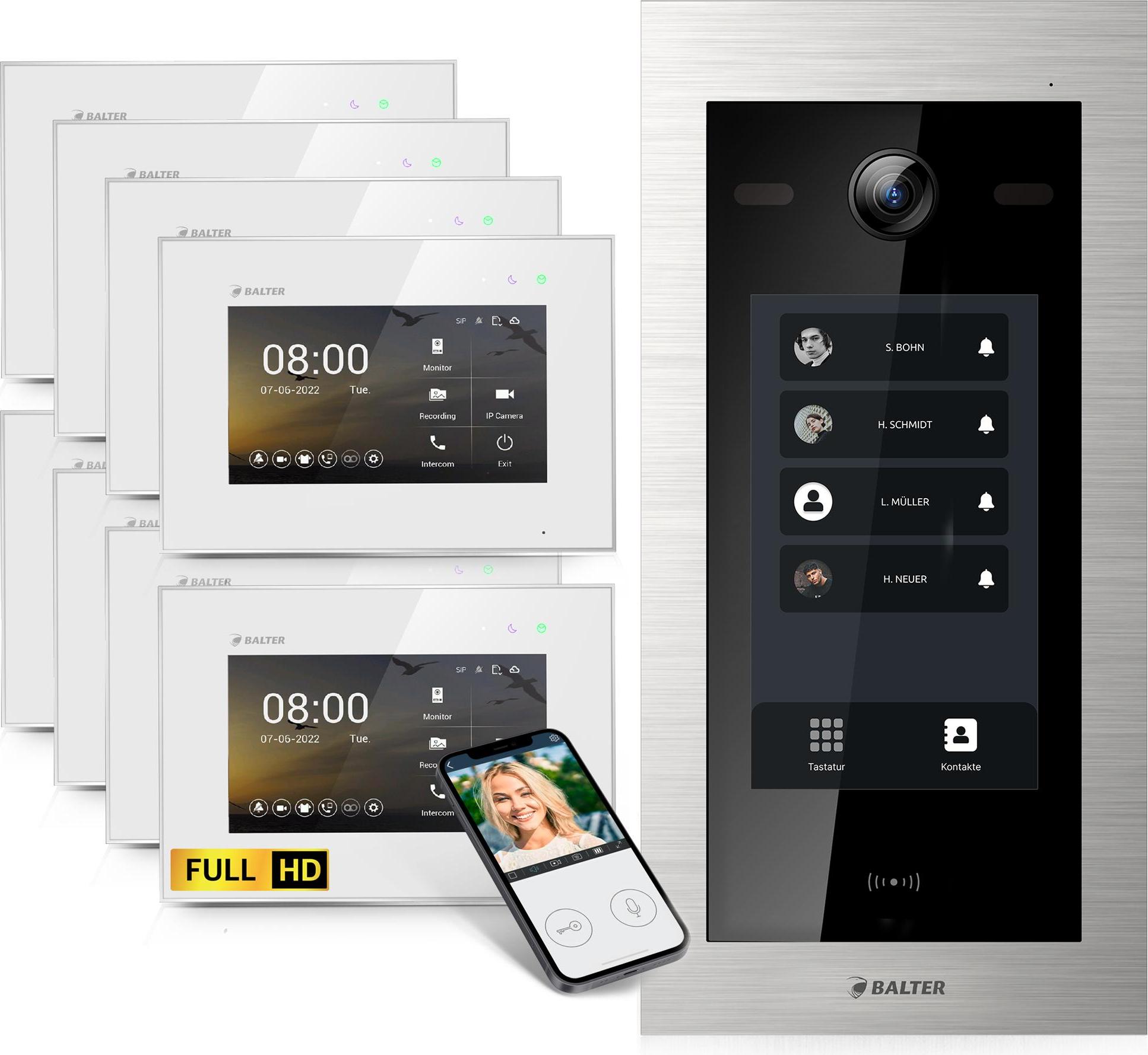 HD Video Türsprechanlage mit Touchscreen und RFID für 8 Familienhaus, 8x Monitore, Balter EVO HD Touch