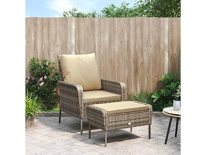 DYRJDJWIDHW Poly Rattan Witterungsbeständig Fußhocker Stahlrahmen Hellbraun Gartenstuhl mit Fußhocker Hellbraun Poly Rattan Sessel Set mit Kissen Balkon Terrasse Wetterfest Stahlrahmen
